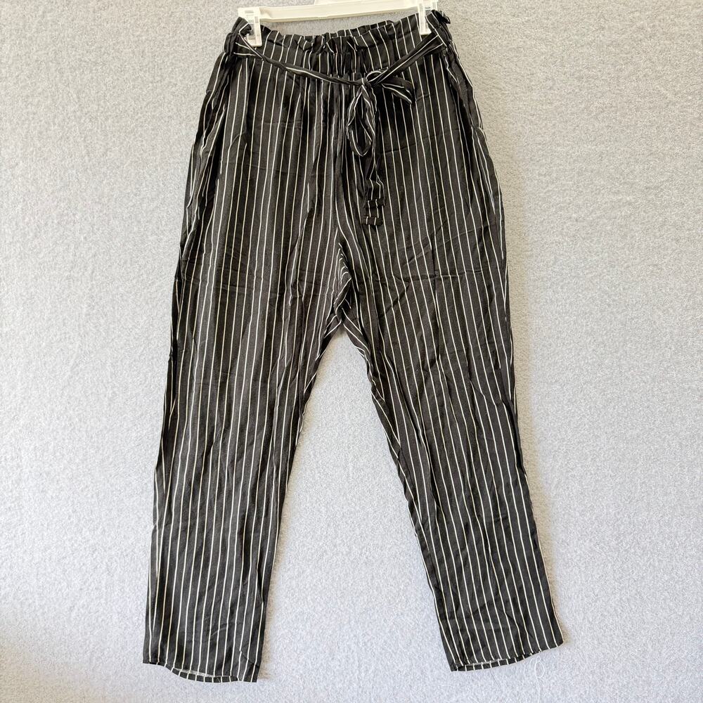 M. Fasis black white stripe paper bag tie waist palazzo pants L